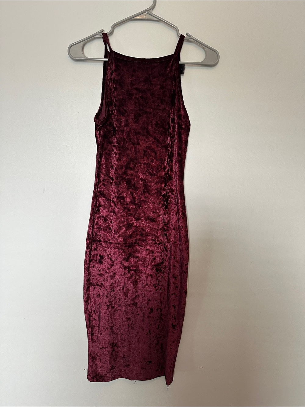 Crushed Velvet Burgundy Midi Slip Dress with Thin Straps